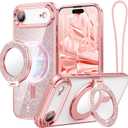 Meifigno Designed for iPhone Air Case with Ring Stand (6.5"), [Built-in Mirror] [Compatible with MagSafe] [Glitter Card & Wrist Strap] Removable Phone Stand +Designed for iPhone 17 Air Case, Rose Gold