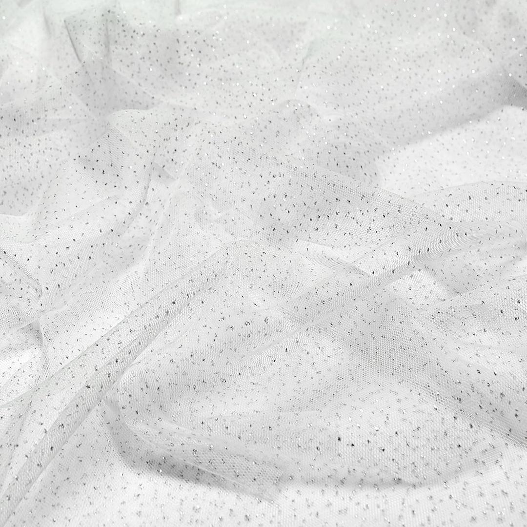 60" White Tulle Glitter Shiny Silver Sequins Fabric by The Yard for Bridal,Wedding,Party Decoration,Tulle Dress,Costume,Gift Wrapping,DIY Crafts,10 Yards