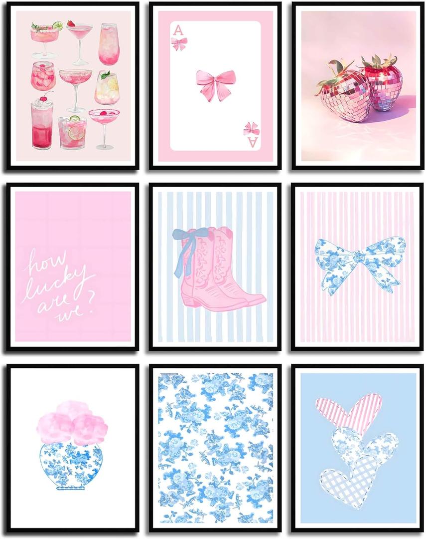 9Pcs Pink Bows Canvas Wall Art Trendy Coquette Bow Cute Cat Wall Decor Pictures Disco Ball Preppy Girly Boots Posters Prints for Bathroom Gallery Dorm Living Bedroom Decoration Unframed (Blue Bows, 8x10inx9pcs)