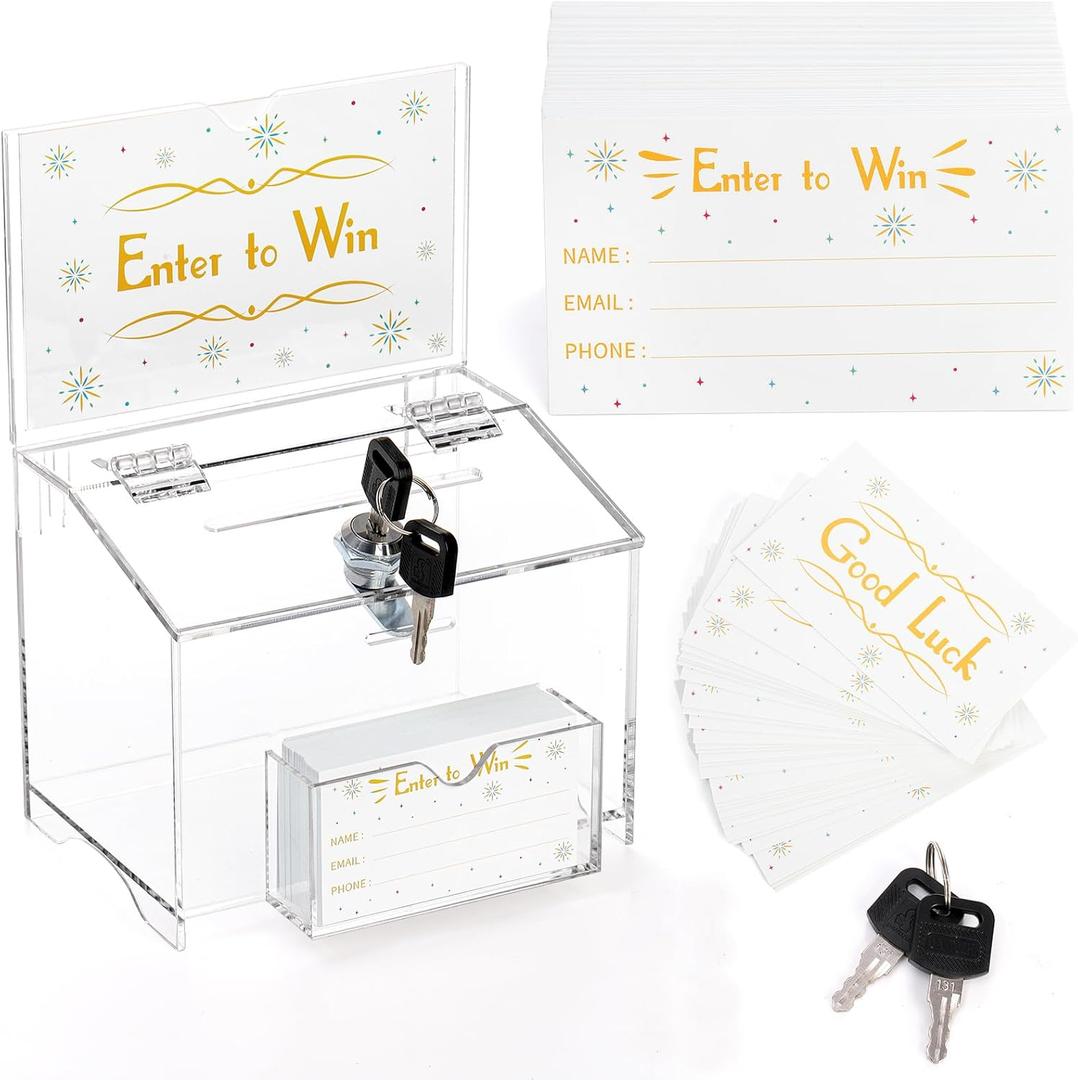 ZENFUN Acrylic Suggestion Box with Lock, Donation Box with 100pcs Raffle Tickets Cards, Clear Ballot Boxes with Sign Holder,Collection Tip for Charity, Voting