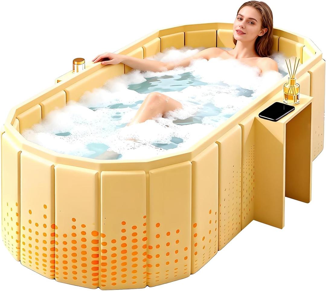 Portable Bathtub for Adult 59" Large Collapsible Cold Plunge Bathtub Foldable No Installation Ice Bath Tub for Shower Stall, Bathroom Hot SPA Soaking Standing Tub (OD 59''Lx42.5''Wx19.7''H,ID 59''Lx24.4''Wx19.7''H, Yellow With storage rack)