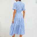 Womens Striped Summer Dress Elegant Ruffled Sleeve Button Down Tie Waist Maxi Shirt Dresses (Blue, XL)