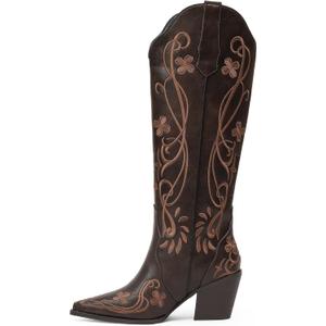 iiimmu Cowgirl Boots Women Knee High Vintage Cowboy Boots with Floral Embroidered Classic Pull On Design Western Footwear (12, Dark Brown-pu)
