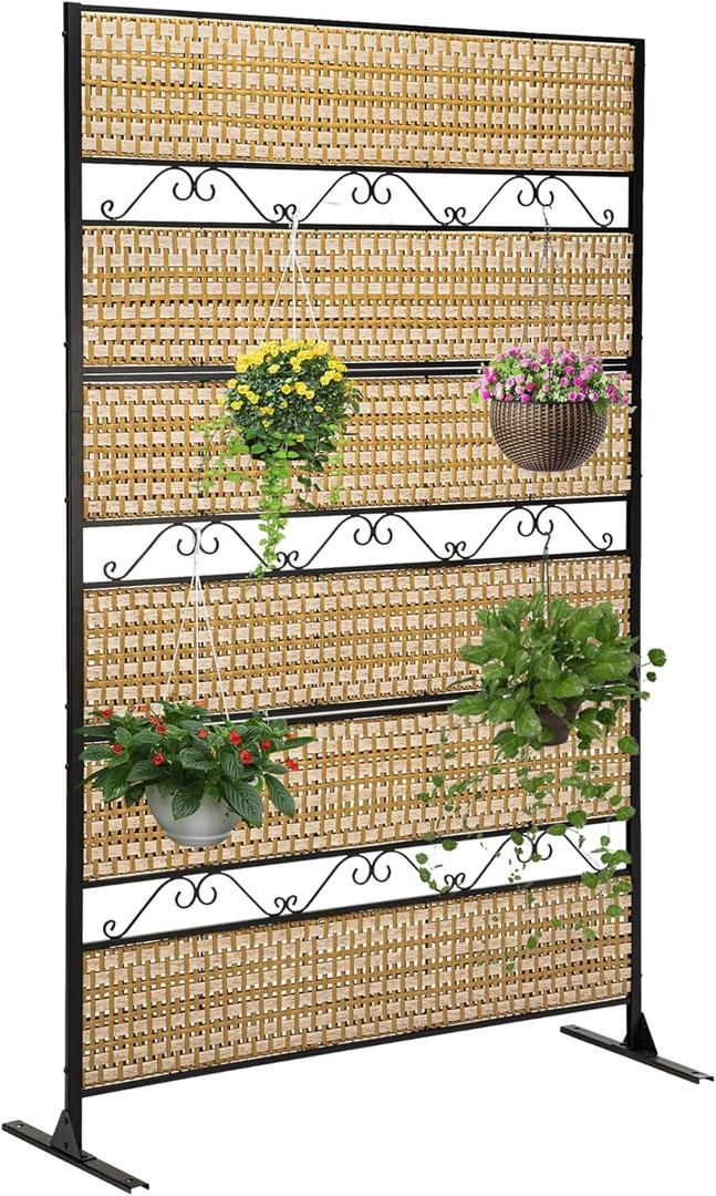 73" H45" W Rattan Outdoor Privacy Screen Freestanding for Patio, Balcony Metal Privacy Screen and Room Divider for Garden, Apartment, Deck(Beige)a