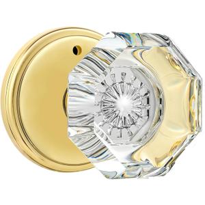 Privacy Crystal Glass Door Knobs Interior with Lock, Modern Octagon Door Knobs for Bedroom/Bathroom, Gold/Polished Brass