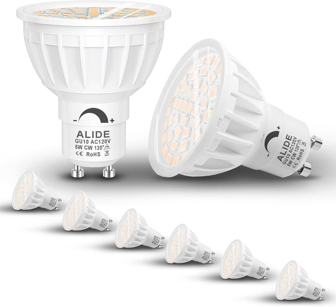 ALIDE 5W Dimmable GU10 Led Bulbs 5000K Daylight White,Two Prong Replace GU10 50W Halogen,120 Degree Flood Wide Beam Angle,AC120V GU10 Led Bulb for Track Recessed Accent Ceiling Lighting,450lm,6Pack