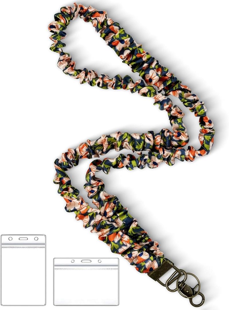 2 x Stretchy Scrunchie Lanyard for ID Badges Keys, Cute Teacher Lanyard for Women with 2 Card Holders 19.6 Inch