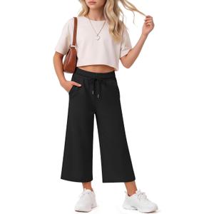 Halfchet Girls Capri Pants Wide Leg Sweatpants Baggy Cropped Pants Loose Fit Casual Basic Capris with Pockets for Ages 5-14