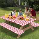 OutdoorLines Vinyl Fitted Picnic Table Cover with Bench Covers - Elastic Waterproof Camping Tablecloth for Picnic Table (Checkered Red 96x30 Inch, 3 Pcs)