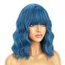 BERON Blue Wig Short Curly Wig for Women Mix Blue Wigs with Bangs Synthetic Dark Blue Wigs with Hairnet Include