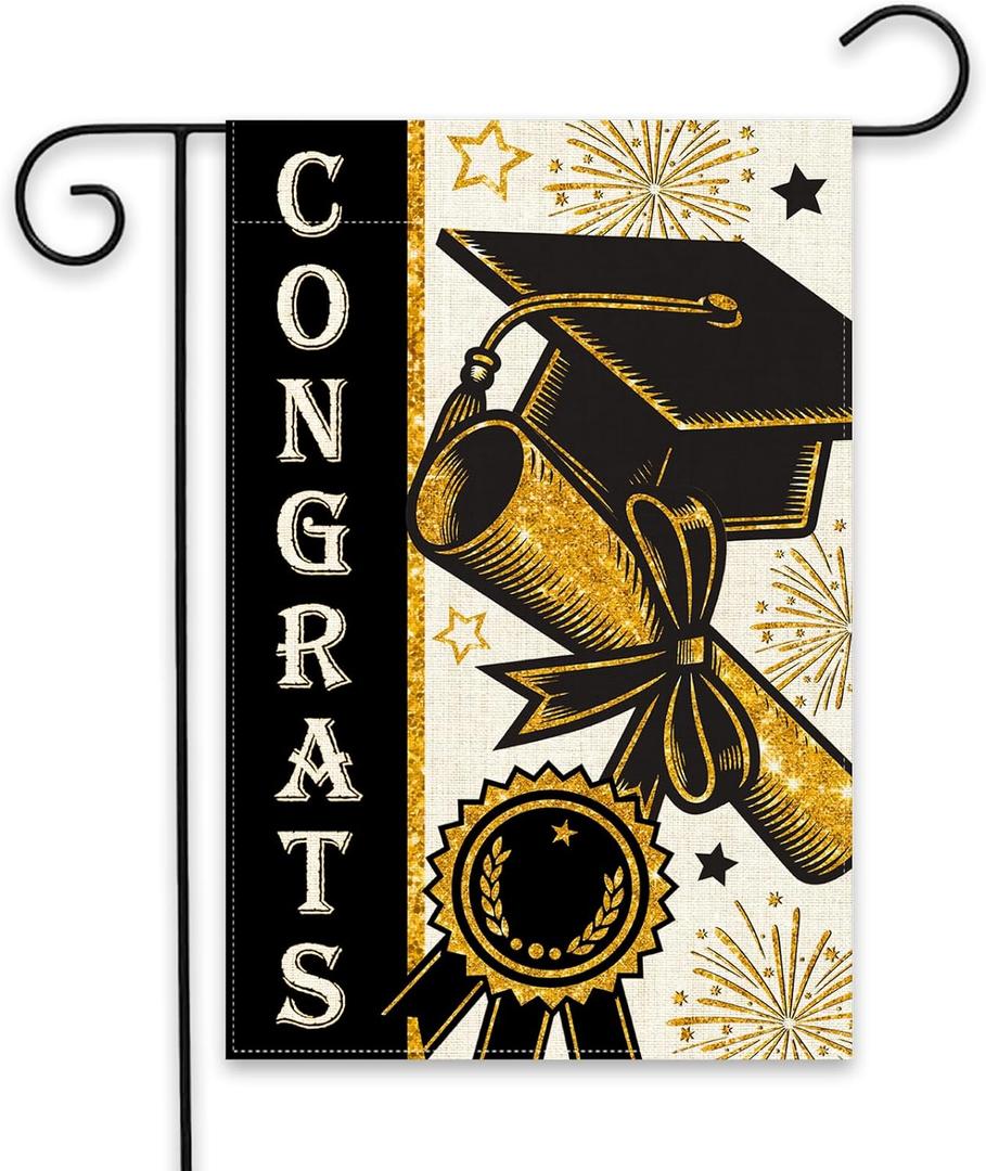 Diploma Cap Congrats Grad Garden Flag 12.5x18 Inch Burlap Double Sided, Black Gold Class Of 2025 Graduation Yard Outdoor Decoration