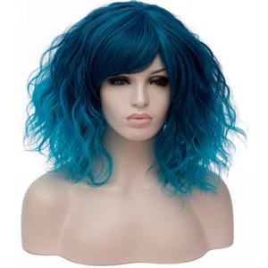 ONEUSTAR Blue Wig with Bangs Short Wavy Bob Wig Teal Wig Synthetic Cosplay Wig for Halloween Costume Party Fancy Dress Colored Wigs 14 Inches