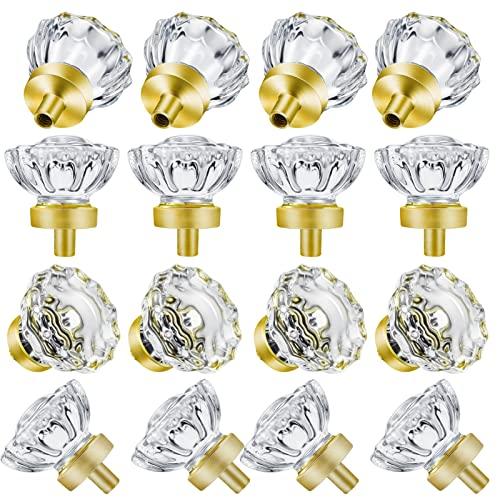SHINY HANDLES Satin Brass Knobs for Cabinet, Crystal Gold Cabinet Pulls Vintage, Glass Knobs and Pulls for Dresser Drawer, Kitchen Bathroom(Round, Satin Brass, 16 Pack)