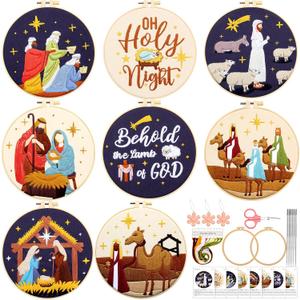 Riceshoot 8 Set Nativity Scene Christmas Embroidery Kits for Beginners Adults Christmas Cross Stitch Needlepoint Ornament Christian DIY Kits with Patterns Hoops Threads Needles Ropes Scissors