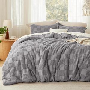 Bedsure Grey King Size Comforter Set, Boho Tufted Bed Set, Checkered Farmhouse-Style Distressed Vintage Bedding, 3 Pieces, 1 Plaid Geometric Comforter and 2 Pillow Shams
