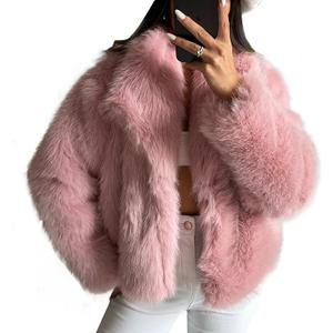 JENNIFERM, Women's Cropped Faux Fur Jacket Fashion Solid Color Lapel Warm Winter Coat Furry Outerwear, Medium Size, Pink Color