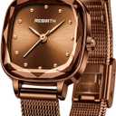 Reginald Women's Square Dress Watch with Mesh Band â€“ Elegant Quartz Watch for Women, Faceted Crystal Case, Minimalist Dial, Adjustable Stainless Steel Bracelet (Coffee Gold)