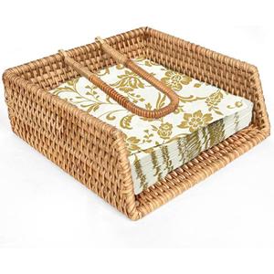 Rattan Napkin Holders Square For Kitchen And Bathroom, Guest Towel Holder Tray For Bathroom, Handcrafted Flat Napkin Holder Basket, Wicker Accessories for Home Decor, Restaurants, Cafe (7.5 x 7.5 x 2.7 inches)
