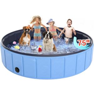 Oversize Dog Pool 75"x 16", Hyperzoo Foldable Dog Swimming Pool, Hard Plastic PVC Leakproof Doggie Wading Collapsible Pet Bathing Tub for Puppy Small Medium Large Dogs and Kids, Blue