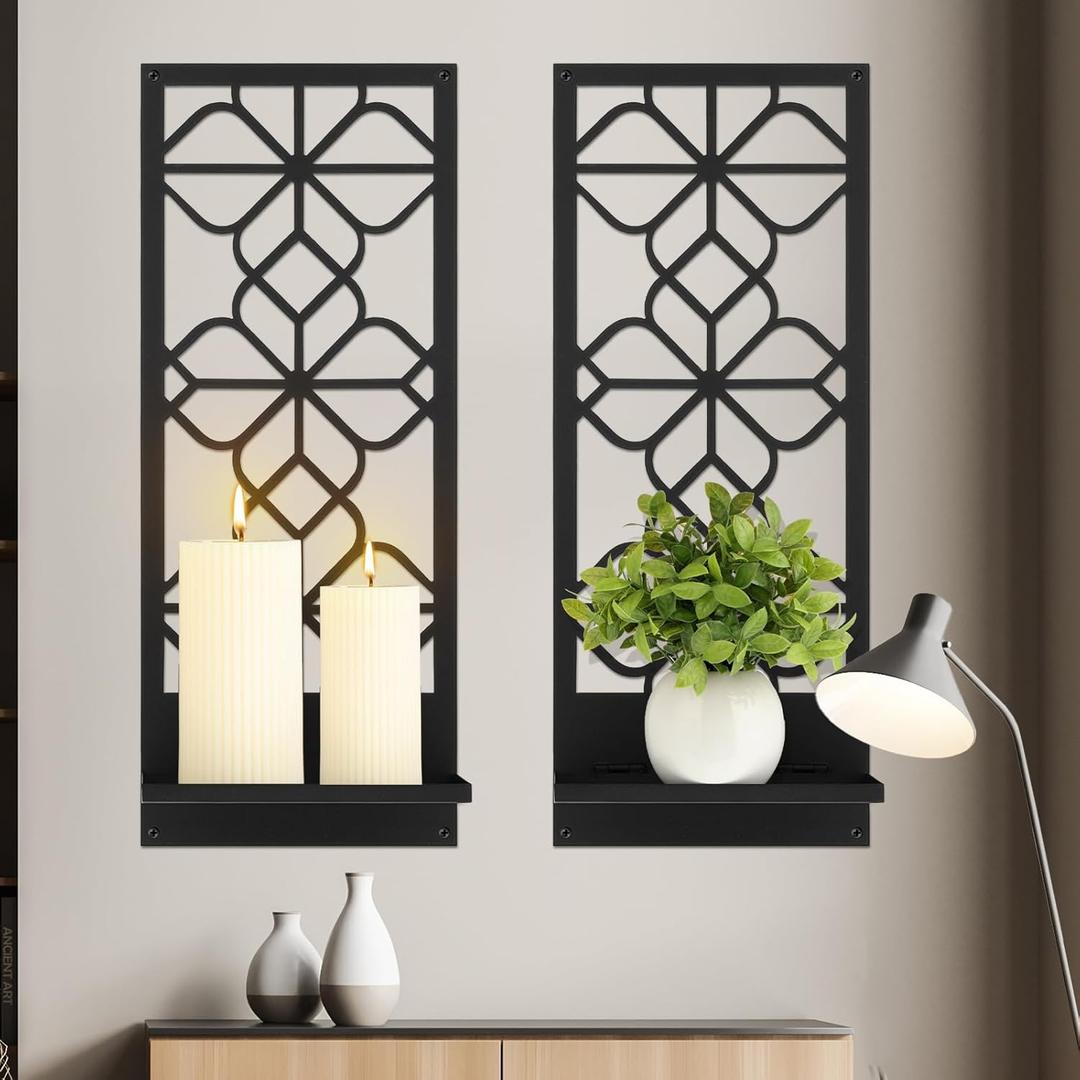 2 Pcs Black Metal Wall Candle Holder Minimalist Retro Line Metal Wall Art 16.5 x 7 Inch Rustic Sconce Mount Candle Holders for Living Room Dining Room Bedroom Bathroom