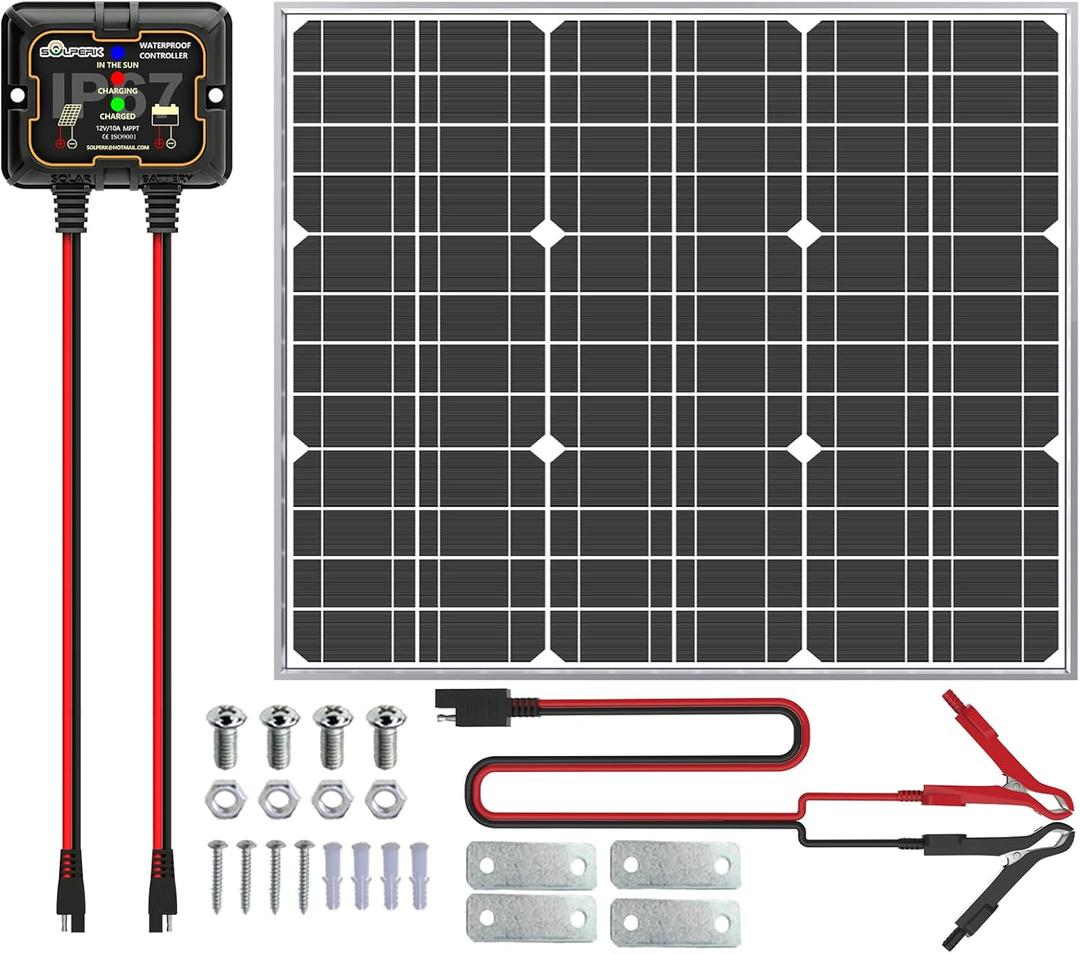 SOLPERK 50W Solar Batery Charger Solar Battery Maintainer + Upgrade 10A MPPT Charge Controller + Adjustable Mount Bracket for Car RV Boat Motorcycle,12V Solar Panel Kit Trickle Charging (50W PWM+Load)