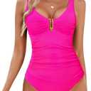BMJL Women's Tummy Control Swimsuits Ruched Slimming One Piece Bathing Suit Deep V Neck Swimsuit (Large, Hot Pink039)