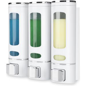 Nellyke Shampoo Dispensers for Shower Wall Mounted Soap Dispenser 3 Chambers Conditioner Body Wash Dispenser Set Clear with Glue(or Wall Mounted by Screws)3 ChambersWhite
