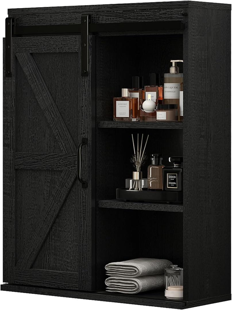 RUSTOWN Farmhouse Wood Wall Storage Bathroom Cabinet with Sliding Barn Door, Rustic Medicine Cabinet with Adjustable Shelf, 3-Tier Vintage Cabinets for Kitchen, Bathroom, Living Room (Black), 27.6" X 21.7" X 7.8"