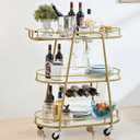 J-yaamiZz Gold 3 Tiers Bar Cart, Home Bar Serving Cart on Lockable Wheels, Rolling Alcohol Cart with Guardrail Wine Rack, Modern Wine Cart for Home Kitchen Dining, Living Room, Large