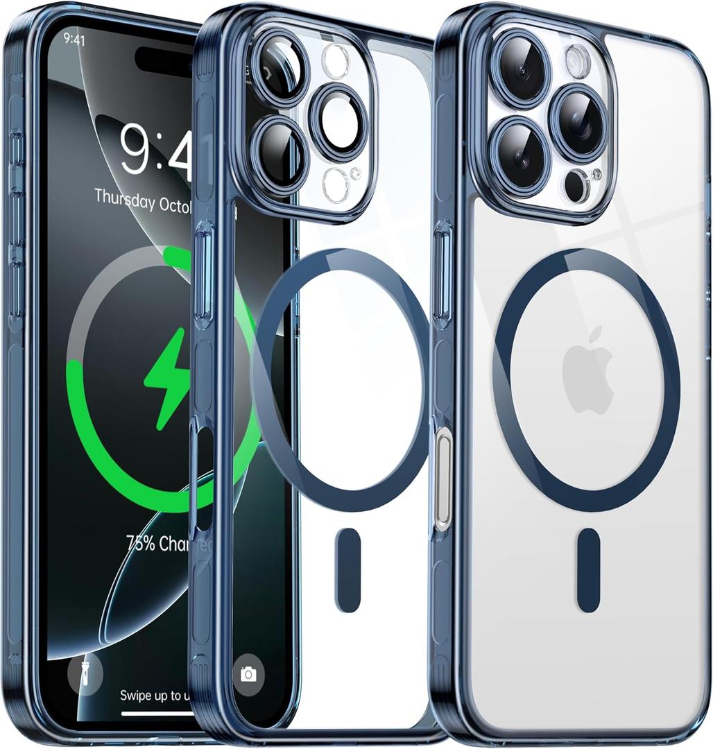 Magnetic Hybrid Clear Case for iPhone 16 Pro- [Compatible with MagSafe] [Built-in Camera Protector] [Not Yellowing] Hard Transparent Back Silicone Edge Phone Case Cover, 6.3", Blue