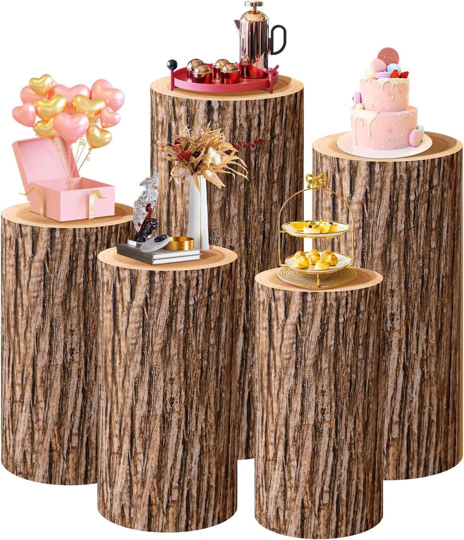 SaitiMade Set of 5 Wood Cylinder Stand Covers, Spandex Pedestal Stand Covers for Party, Wedding or Baby Shower Event Decor (Only Contains Cylinder Covers)