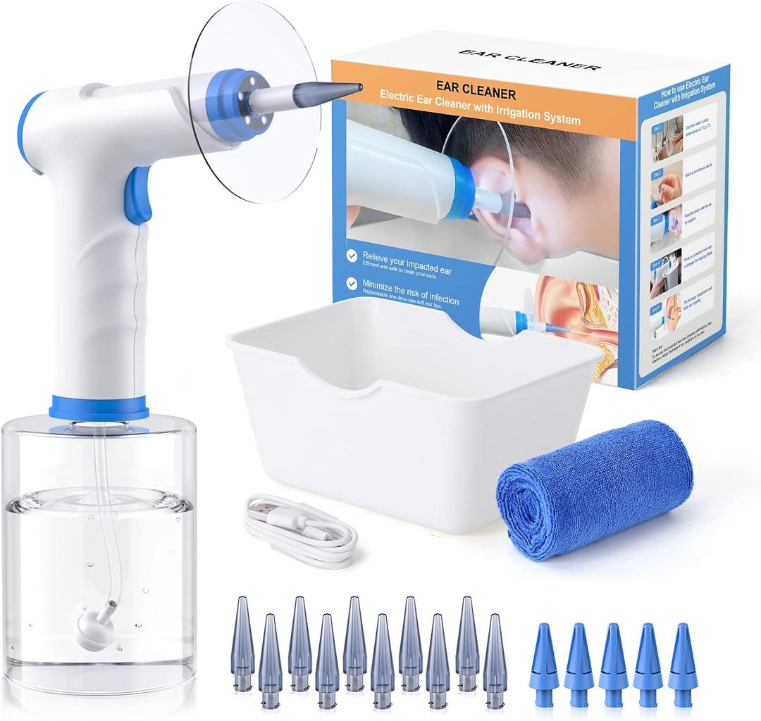 Ear Wax Removal, Electric Ear Cleaning Kit with Light, FSA-HSA-Eligible, Ear Irrigation Kit with 4 Pressure Modes, Safe and Effective Ear Flush Kit with Ear Cleaner - Includes Basin, Towel & 15 Tips (Blue)