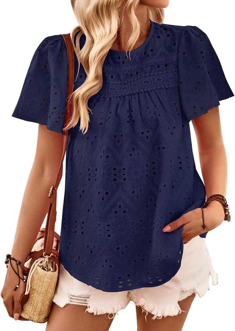 Falechay Womens Summer Tops Boho Short Sleeve Crew Neck Blouses for Women Dressy Casual Babydoll Cute Flowy Preppy Shirts, S