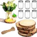 Honeydak 6 Sets Wedding Table Centerpieces 4.8 Inches Glass Mason Jar Vase for Flower Centerpieces 5.5-6.3 Inches Wood Slices Wooden Disc Coasters Winter Xmas Farmhouse Table Decoration (Classic, Clear)