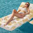SLOOSH Adjustable Backrest Pool Floats - Tropical Leaves Pool Lounger Floaties Adults with Cup Holders, Inflatable Tanning Float Rafts Chair Beach Lake Floating Above Water Keep Cool (Champagne)