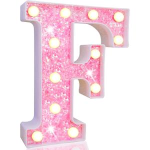 Pooqla LED Marquee Letter Lights, Light Up Pink Letters Glitter Alphabet Letter Sign Battery Powered for Night Light Birthday Party Wedding Girls Gifts Home Bar Christmas Decoration, Pink F (Warm White)