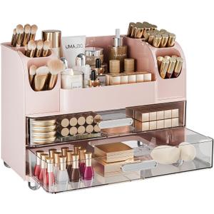 Delamu Large Makeup Organizer Countertop with 6 Brush Holders, Makeup Organizers for Vanity with 2 Large Drawers, Easy to Store Skincare, Lipsticks, Nail Polishes, Perfumes, Eyeshadow Palettes, Pink