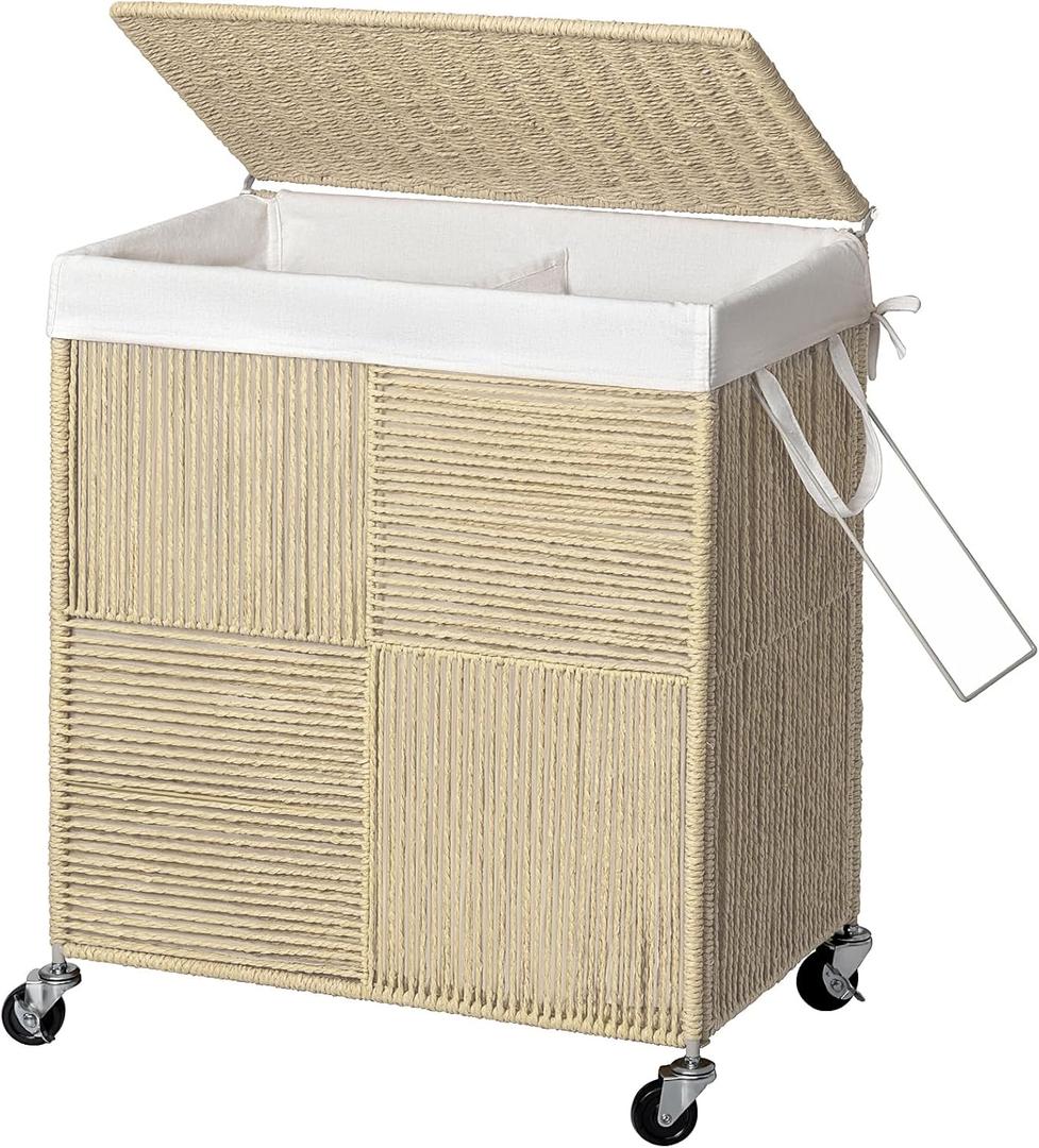 WOWLIVE Double Laundry Hamper with Lid, Handwoven Rolling Laundry Basket with Wheels, 115L Dirty Clothes Hamper with Removable Liner Bag Large Laundry Sorter Laundry Room Organization,Light Beige