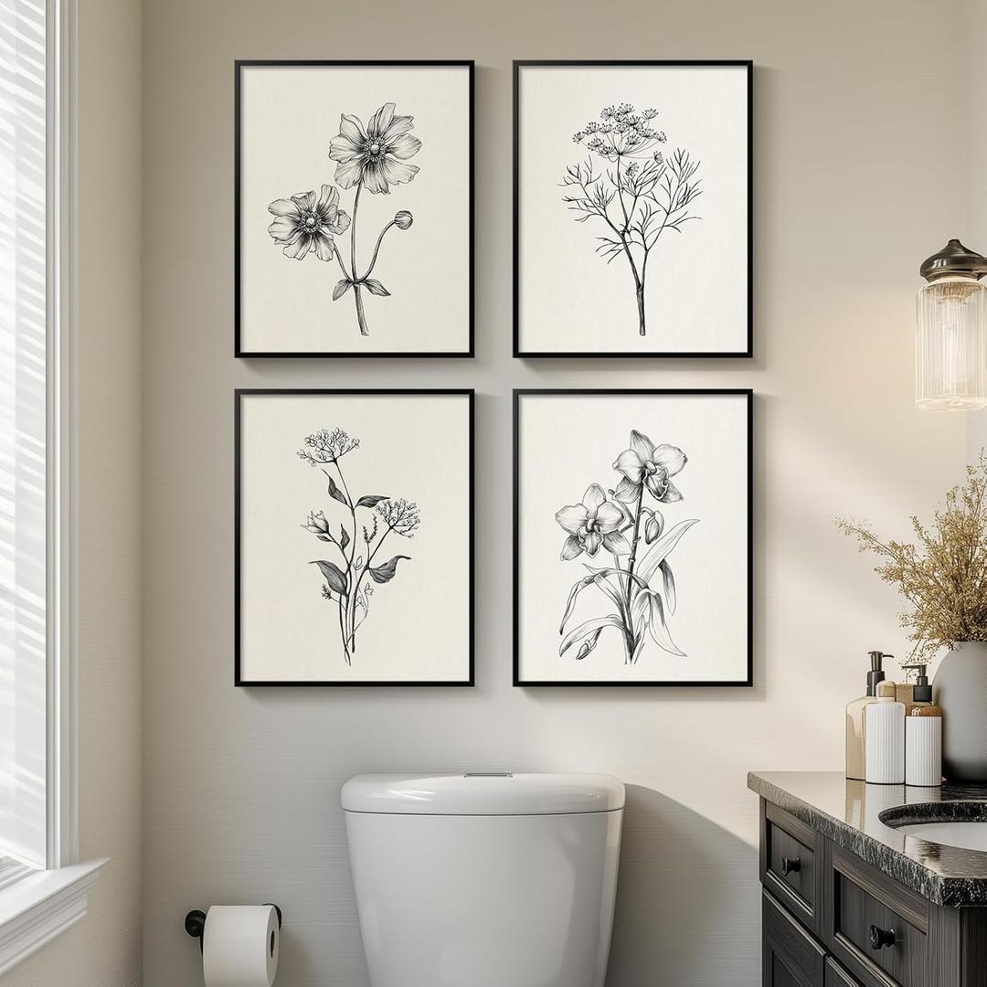 Framed Black and White Bathroom Wall Art, 4 Piece Vintage Floral Canvas Prints Artwork for Modern Farmhouse Walls, Rustic Minimalist Flower Botanical Pictures for Bedroom Living Room Wall Decor, 8x10