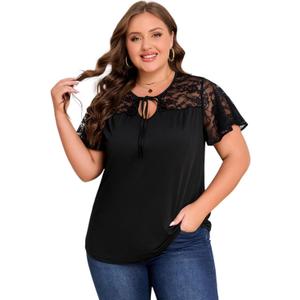ZNU Women' s Plus Size Summer Tops Elegant Tie Front Bow Knot Round Neck Lace Ruffle Short Sleeves T-Shirts Tee Blouse (Black, XXL)