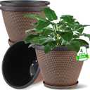 4 Pack 8 inch Plant Pot, Plastic Pots for Plants Indoor, Round Planters for Outdoor Plants with Drainage Holes & Trays, Decorative Flower Pots Garden Containers Sets for Houseplants (Black Copper)