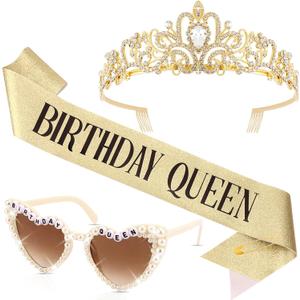 Gold Birthday Crown and Sash & Glasses Set for Women - BIRTHDAY QUEEN Sash and Tiara for Women, Happy Birthday Decorations Adult Woman Girls Party Favors Accessories