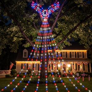 Glooglitter 11.5ft 4th of July Outdoor Light Decor 250th Anniversary Patriotic Hawk Waterfall Lights Blue Red White Eagle LED USB Powered for Independence Day Memorial Party Tree Yard Door Wall Decor