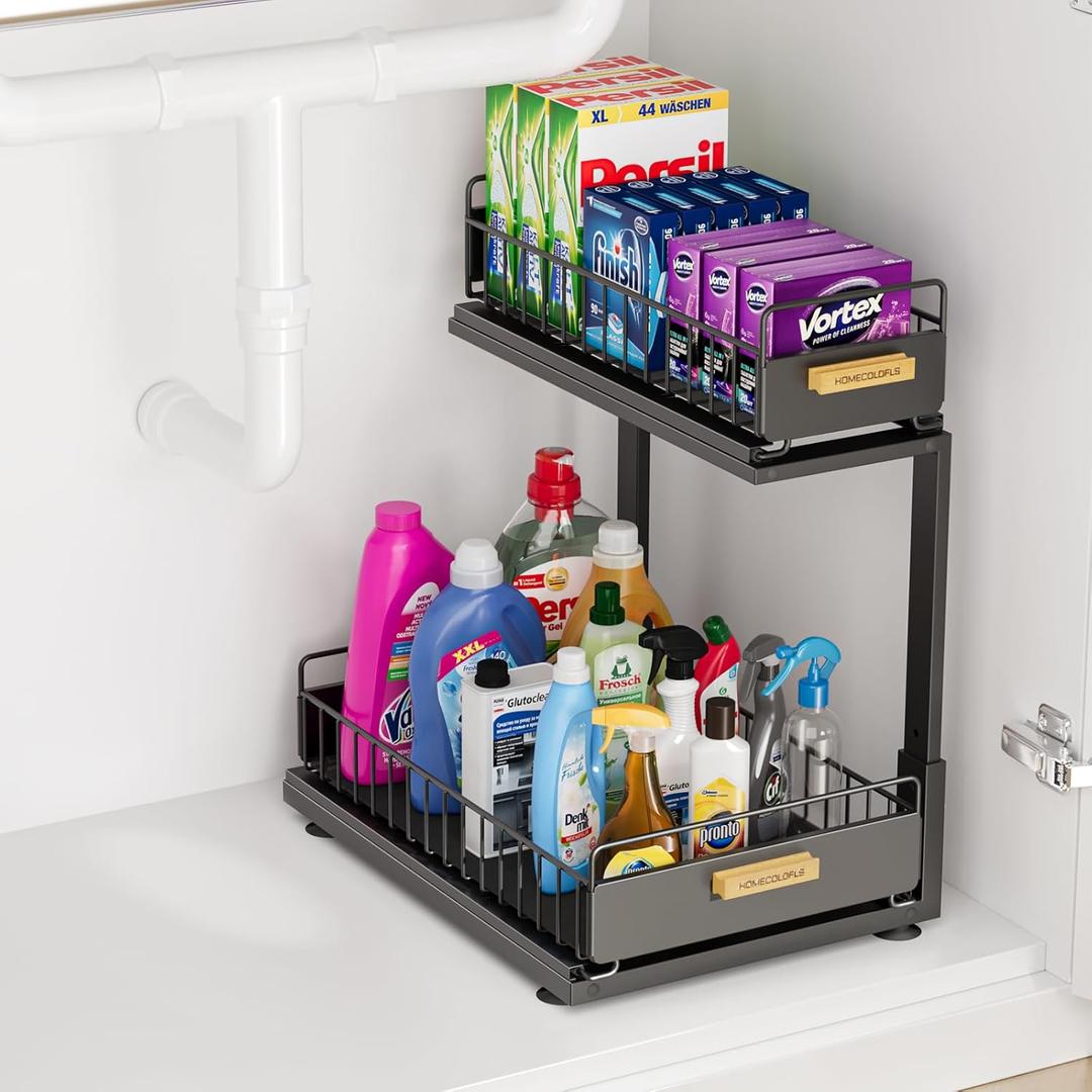 Under Sink Organizer, 2-Tier Pull Out Cabinet Organizer, Under Sink Slide Out Shelf - Metal Sliding Drawer for Kitchen, Bathroom, Pantry Black (Double-Layer)