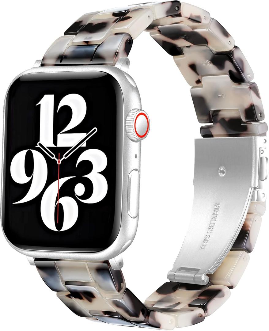 Compatible with Apple Watch Band 38mm 40mm 41mm 42mm 44mm 45mm Ultra 49mm for iWatch SE Lightweight Resin Wristband Bracelet Strap Series 9 8 7 6 5 4 3 2 1 Mens Womens (White Tortoise Stone Flower)