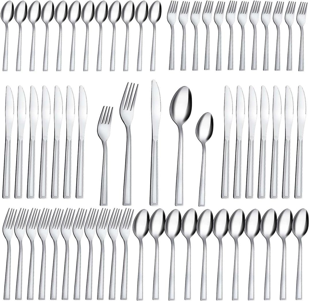 Silverware Set, Hunnycook 60-piece Silverware Set for 12, Stainless Steel Flatware Set, Include Fork Knife Spoon Set, Mirror Polished, Dishwasher Safe, Cutlery Set for Home Kitchen Restaurant (Square Edge 60P)