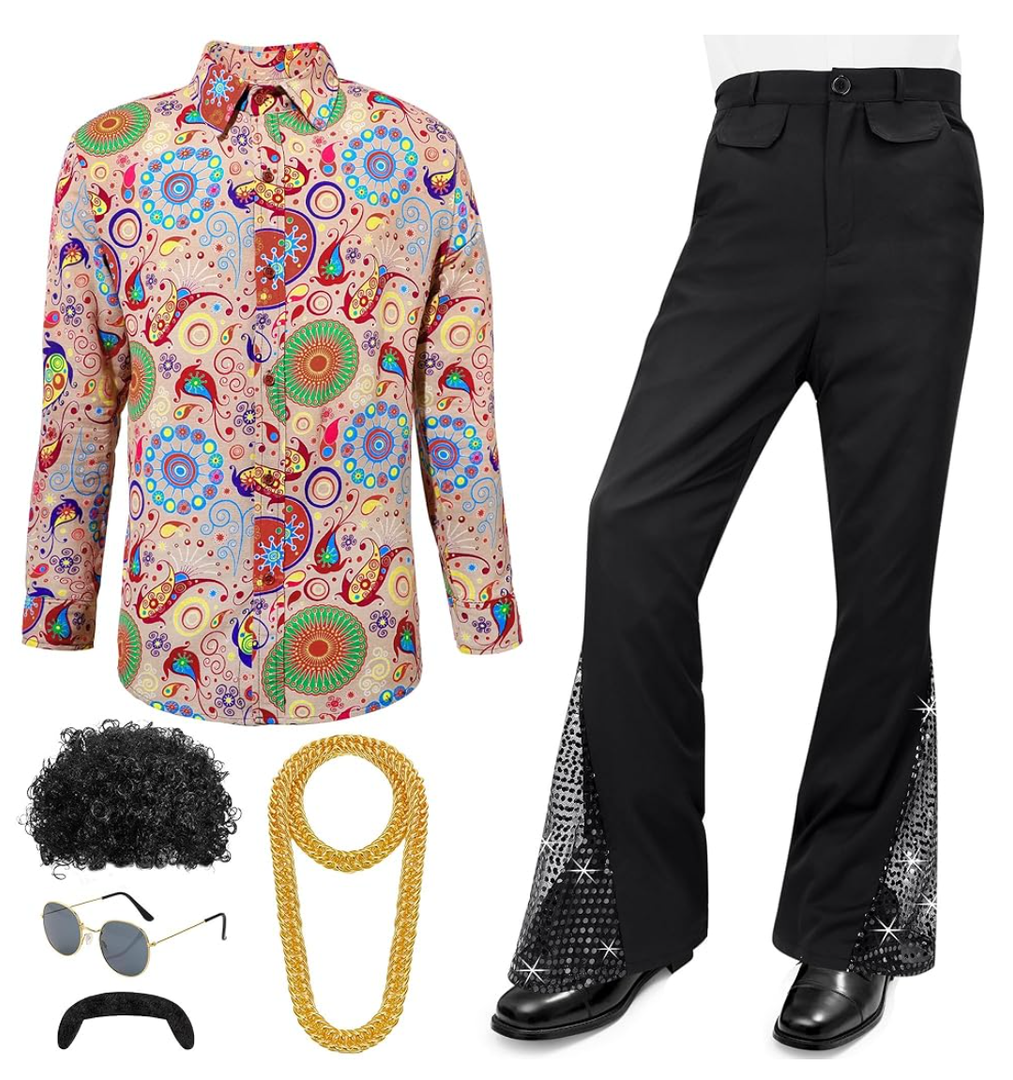 6 Pcs Men's 70s 80s Disco Outfit Costume Dance Bell Bottom Pants Retro Shirts Moustache Sunglasses Wigs Necklace L