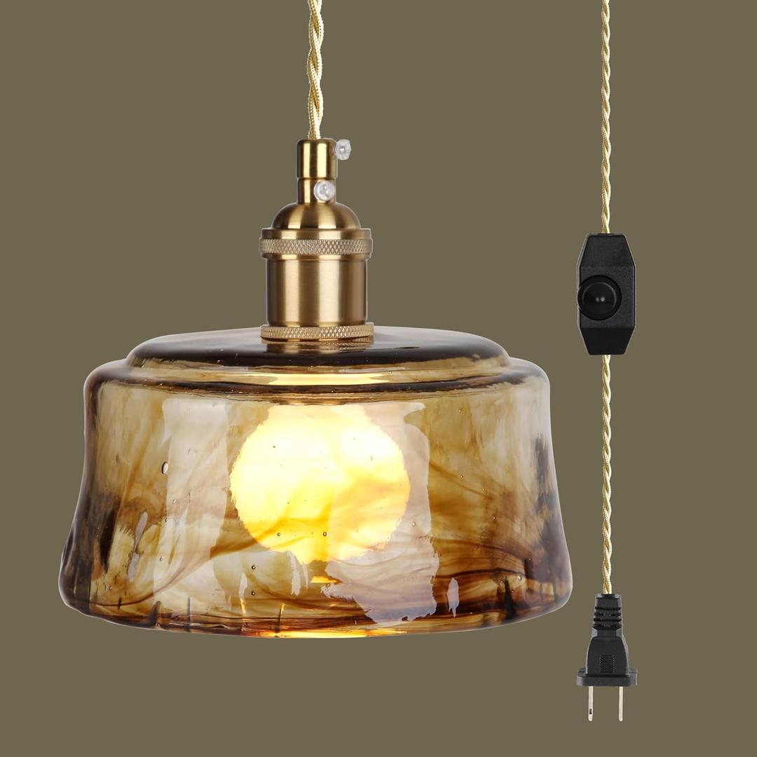 Sedelan Plug-in Hanging Light, Glass Hanging Lights with Plug-in Cord, Dimmable Pendant Lights Kitchen Island, Vintage Pendant Light Fixtures for Living Room, Bedroom Hallway