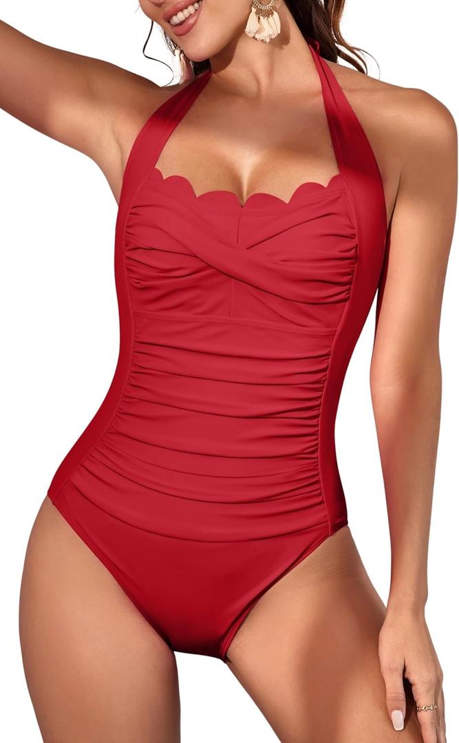 Eomenie Women One Piece Tummy Control Swimsuit Halter Scallop Trim Bathing Suits 1 Piece Vintage Ruched Slimming Swimwear (X-Large, Red)