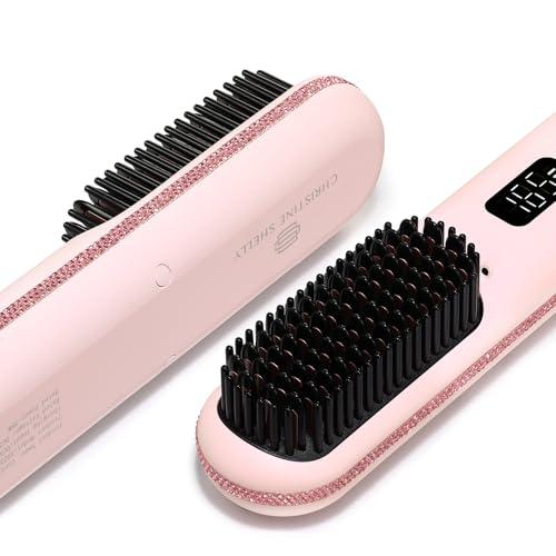 CHRISTINE SHELLY Hair Straightener Brush, Portable Cordless Mini Straightening Brush for Travel, 300M Negative Ions for Frizz-Free Shine, Fast Heating,Hot Comb Hair Straightener with 9 Temps for Women